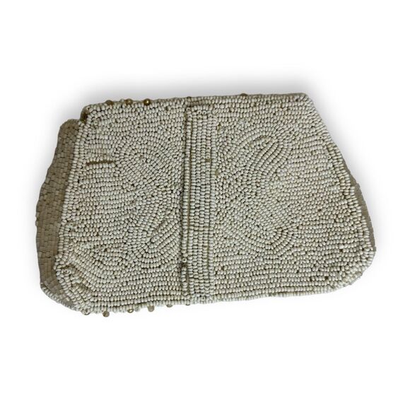 Vintage Beaded Belt Bag Clutch Snap Close Ivory Hand Made In France Lattice - Picture 3 of 7